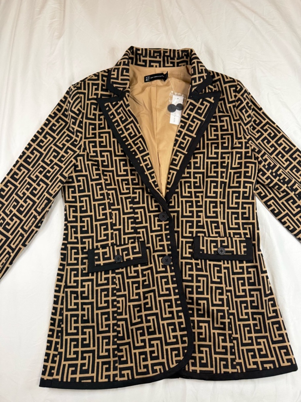 NY & C New York & Company Blazer Jacket Medium Black Tan Geometric Print Womens
